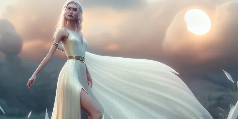 subtle queen, atmospheric, realistic, unreal engine, cinematic lighting, octane render, transparent long dress, blonde, full body, bright wings, smile, long hair