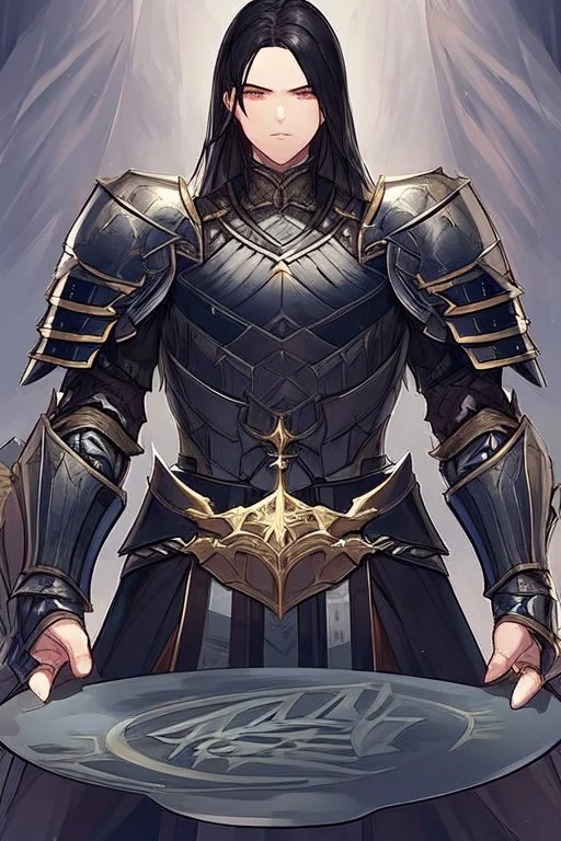 A dashing knight in steel plate armour, long black hair, pretty face, dignified, no beard, no moustache