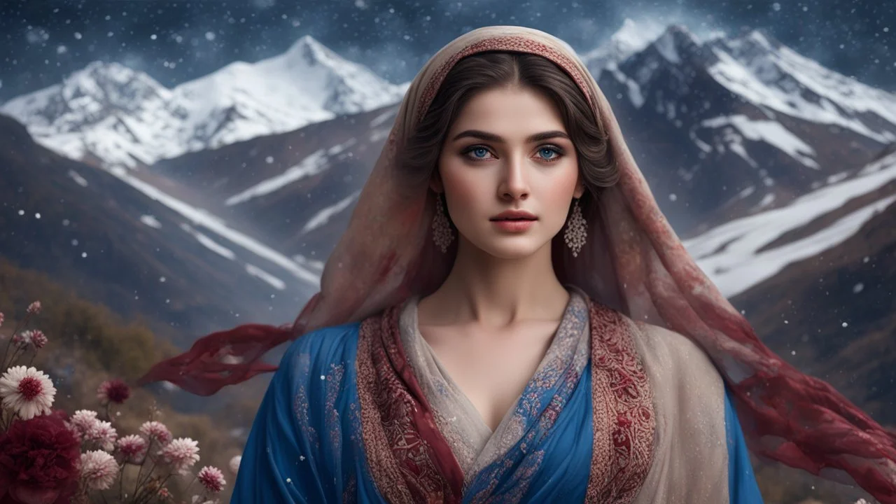 Hyper Realistic close-up-view of a Gorgeous-Young-Pashto-Women-with-beautiful-blue-eyes whirling wearing blue-grey-dress & beige-shawl-with-maroon-embroidery on mountains-with-flower-garden at snowfall night withy dramatic & cinematic ambiance