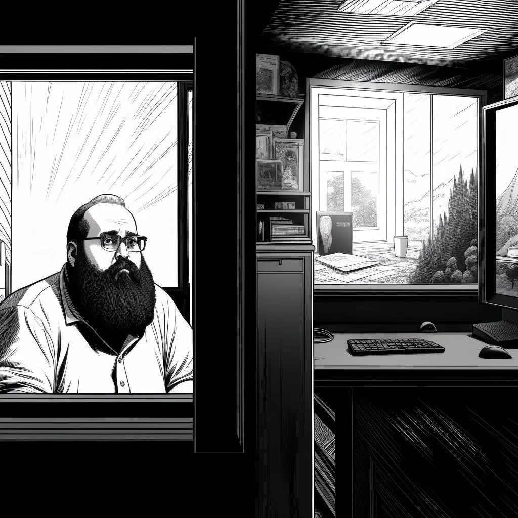 comicbook, 2 panels, black and white, in the left panel, a fat, bearded man watches the tv, (in the right panel, intricate illustration of a side angle view of the tv), background is a haunting dimly lit, decrepit room.