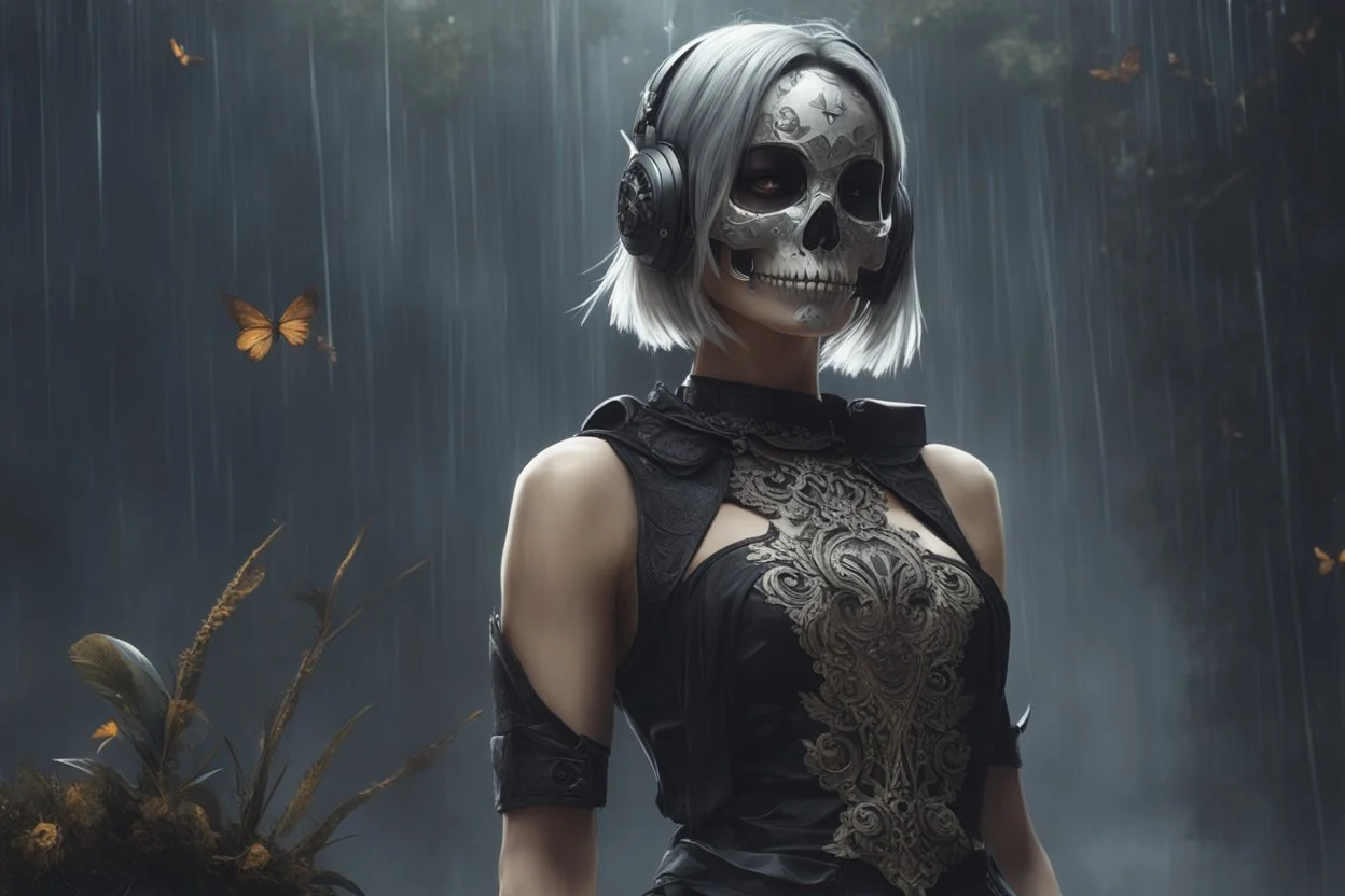 Beautiful girl with skull in her face in 8k nier automata artstyle, Wednesday them, hollow knight Custom, close picture, rain, fantasy world, intricate details, highly detailed, high details, detailed portrait, masterpiece,ultra detailed, ultra quality