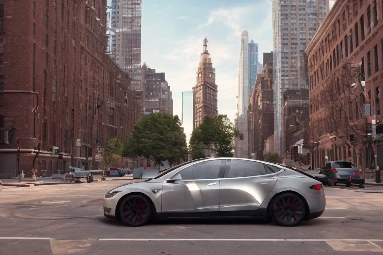 A Tesla 'Model Y' is parked, near the Flatiron Building in Manhattan. (CINEMATIC, WIDE ANGLE LENS, PHOTO REAL)