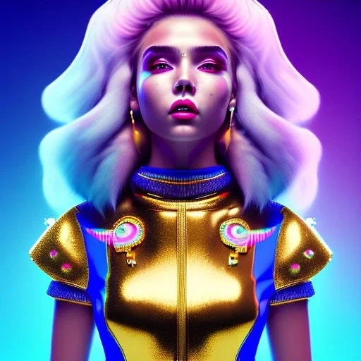 latin woman teenager, few freckles, gold teeth, feather coat, purpurin, retro futuristic, latex dress, gradient color, BLUE, PINK, CYAN, neon, insanely detailed, 16k resolution, perfect eyes, cinematic smooth, intricate detail