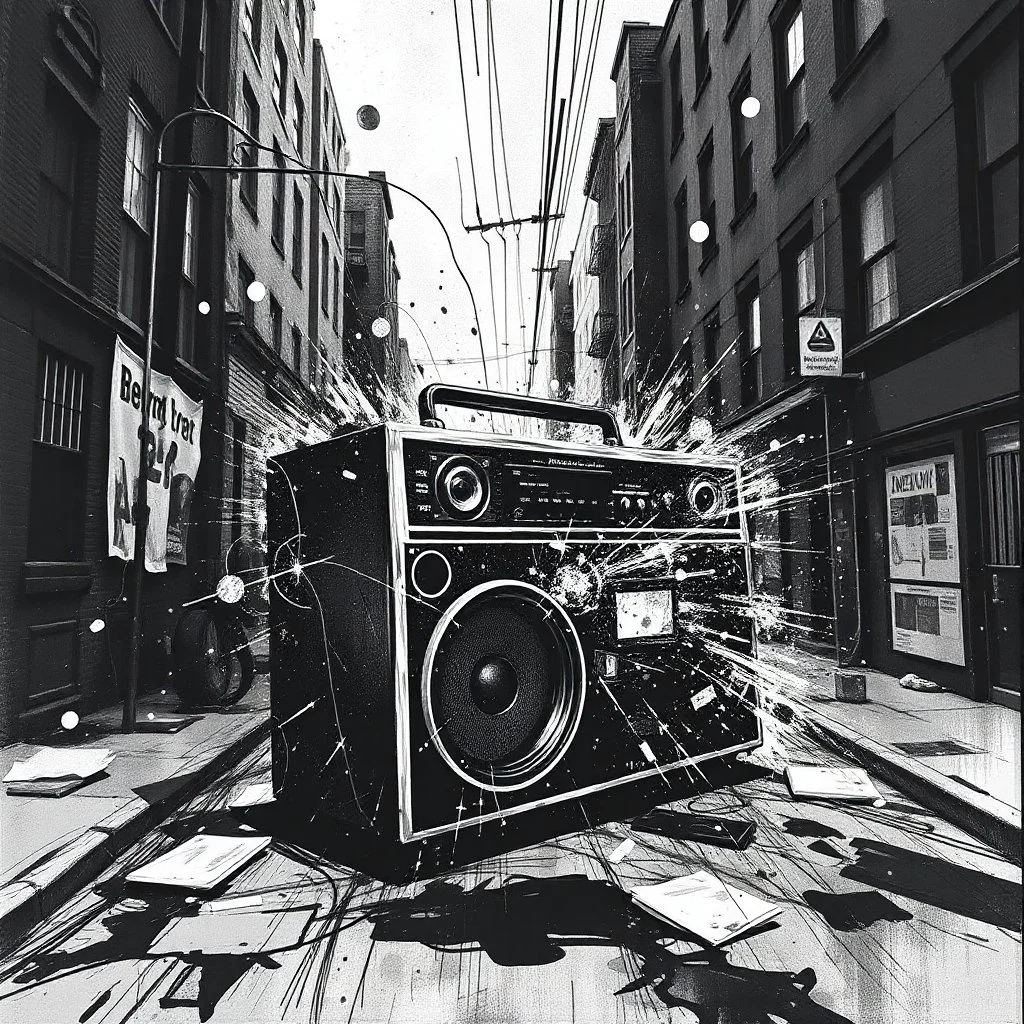 dirty back streets ghettoblaster abstract particles waves length sonic capacity black and white cube