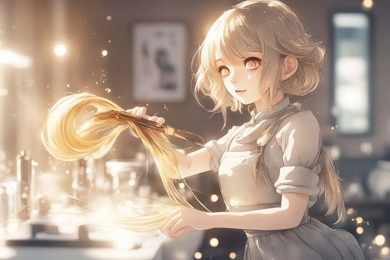 cute chibi anime hairdresser girl cutting hair in a hairdresser saloon in sunshine, watercolor and black ink, sparkling golden glitters, ethereal, cinematic postprocessing, bokeh, dof