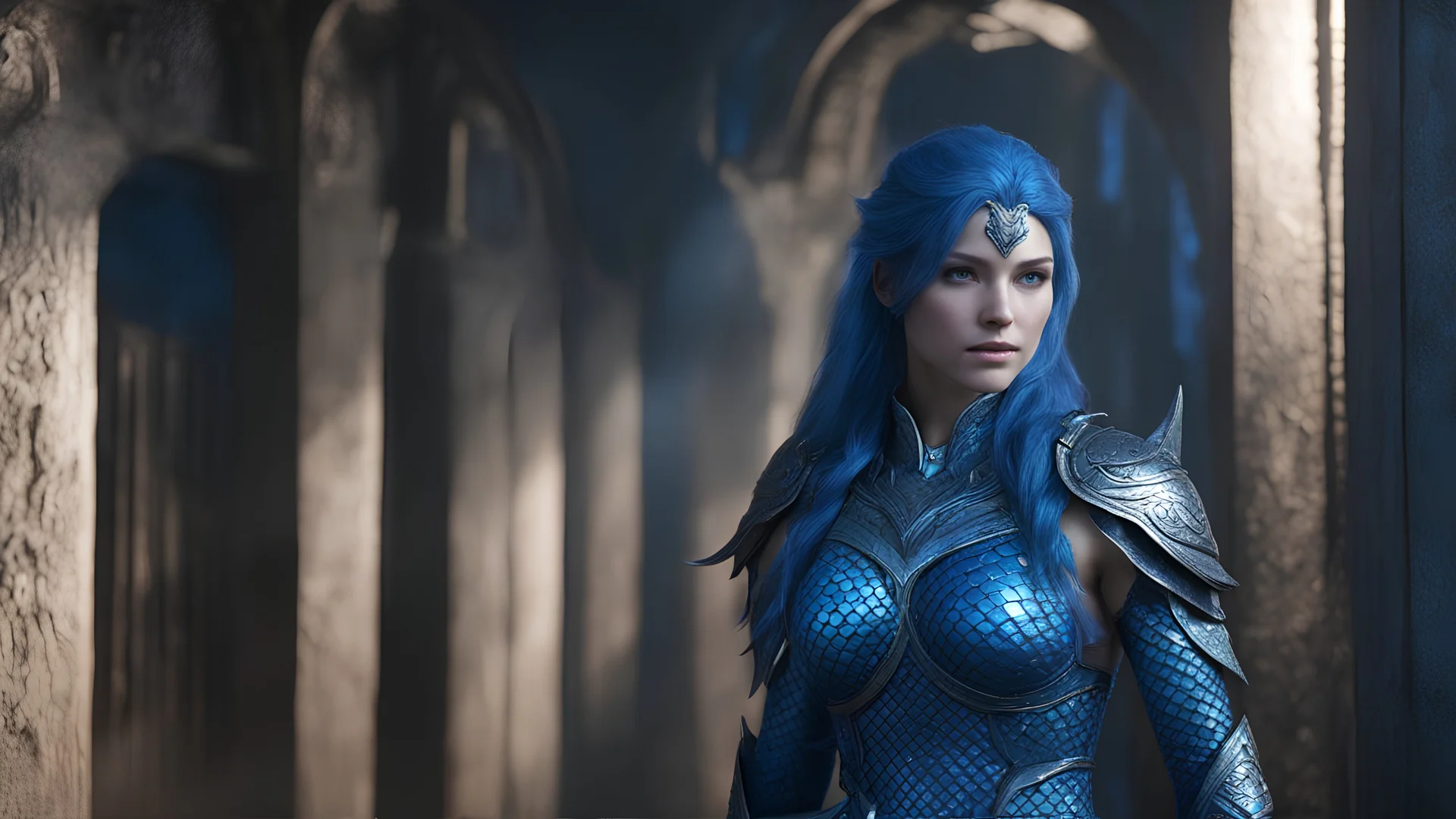 Photoreal blue scale dskin gorgeous blue scaled armored skin blue skin blue mermaid blue triton blue scaled skin warrior blue scaled skin blue skin woman with blue scaled skin standing in the shadows of a dusty dark storage room with chests, otherworldly creature, in the style of fantasy movies, photorealistic, bokeh masterpiece smooth shading, ultra detailed, high resolution, cinematic, unreal 6, subtle shadows, octane render, 8k, cinema 4d, HDR, dust effect, vivid color