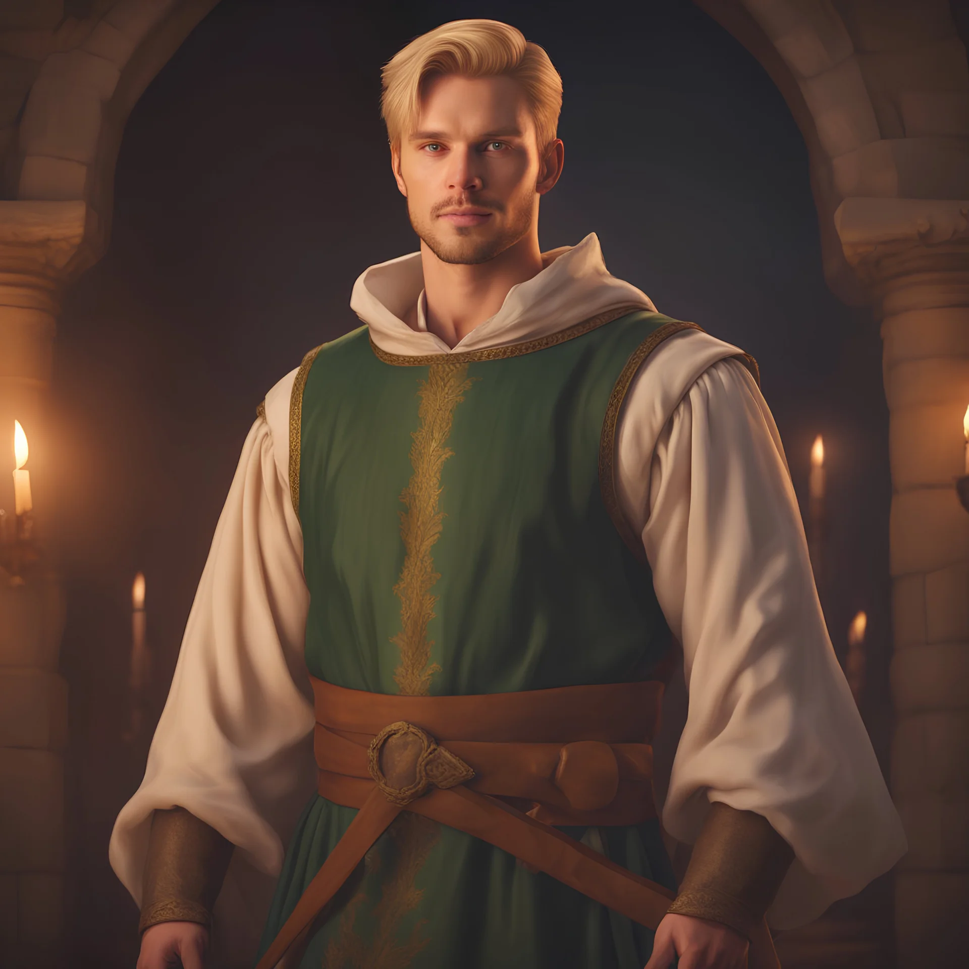 A handsome man blonde short hair green eyes wearing medieval white beige noble cloth at the medieval ceremony hall at night