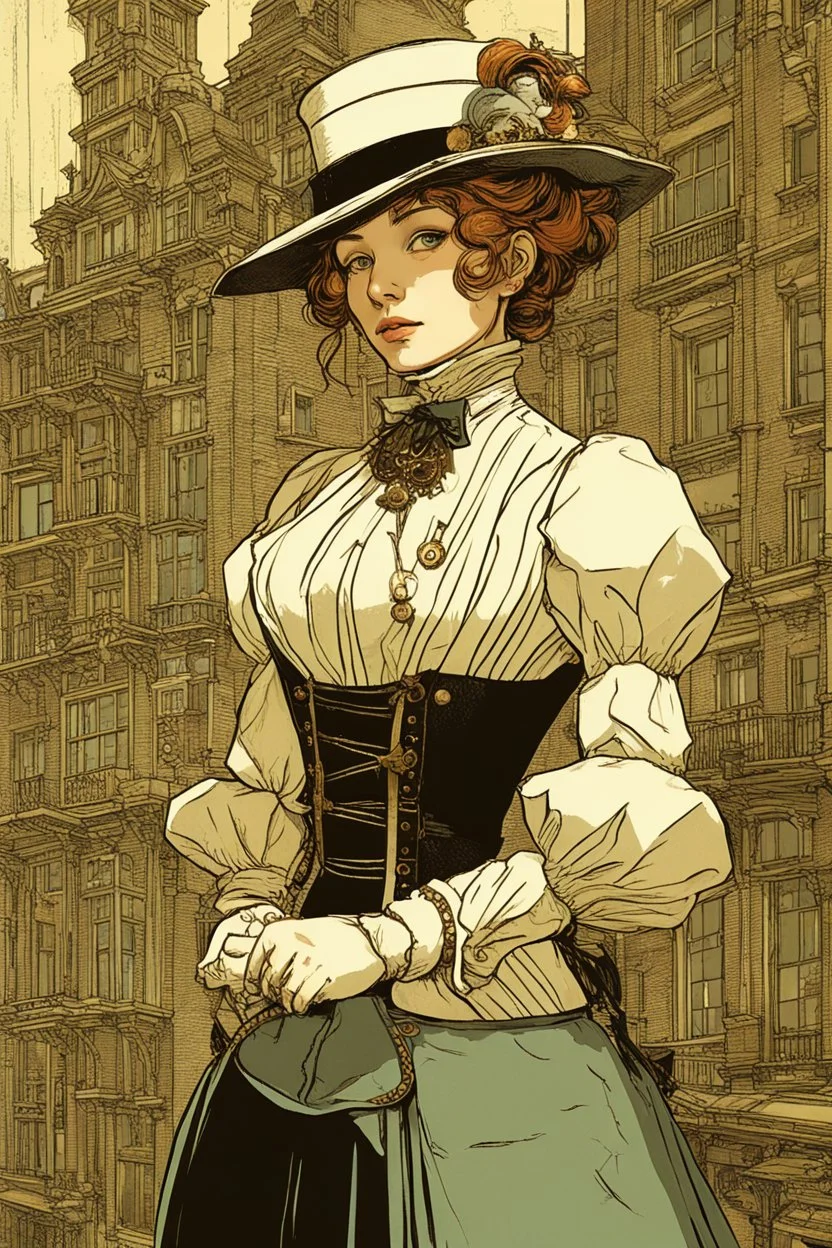 A Female Time Traveler In Victorian London, Her Modernity Clashing With The Past, Charming Eyes, Gracious And Askance Look, Super High Detailed Face, Style That Weaves Together Steampunk And Contemporary Graphic Novel Art, Influenced By The Heavy Brushstrokes Of Ashley Wood, The Delicate Linework And Carefully Rendered Textures Of Aaron Horkey, Victo Ngai And Piotr Dura, Intricate Details, Masterpiece