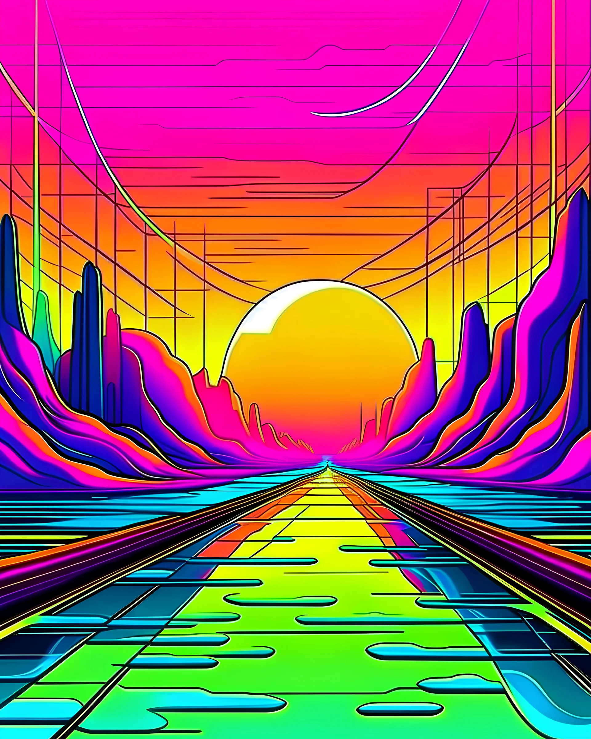 Between the lines of reality and dreams, cartoon style, thick lines, low detail, synthwave landscape