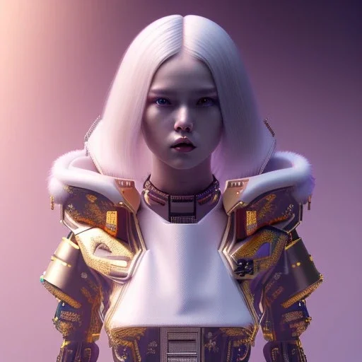 Cyber teenager, blonde, geisha style hair, white skin, pattern dress, velvet, gold, cyberpunk style, purpurin, highly detailed, art stations, concept art, smooth, unreal engine 5, god rays, ray tracing, RTX, lumen lighting, ultra detail, volumetric lighting, 3d, finely drawn, high definition, high resolution, night city background