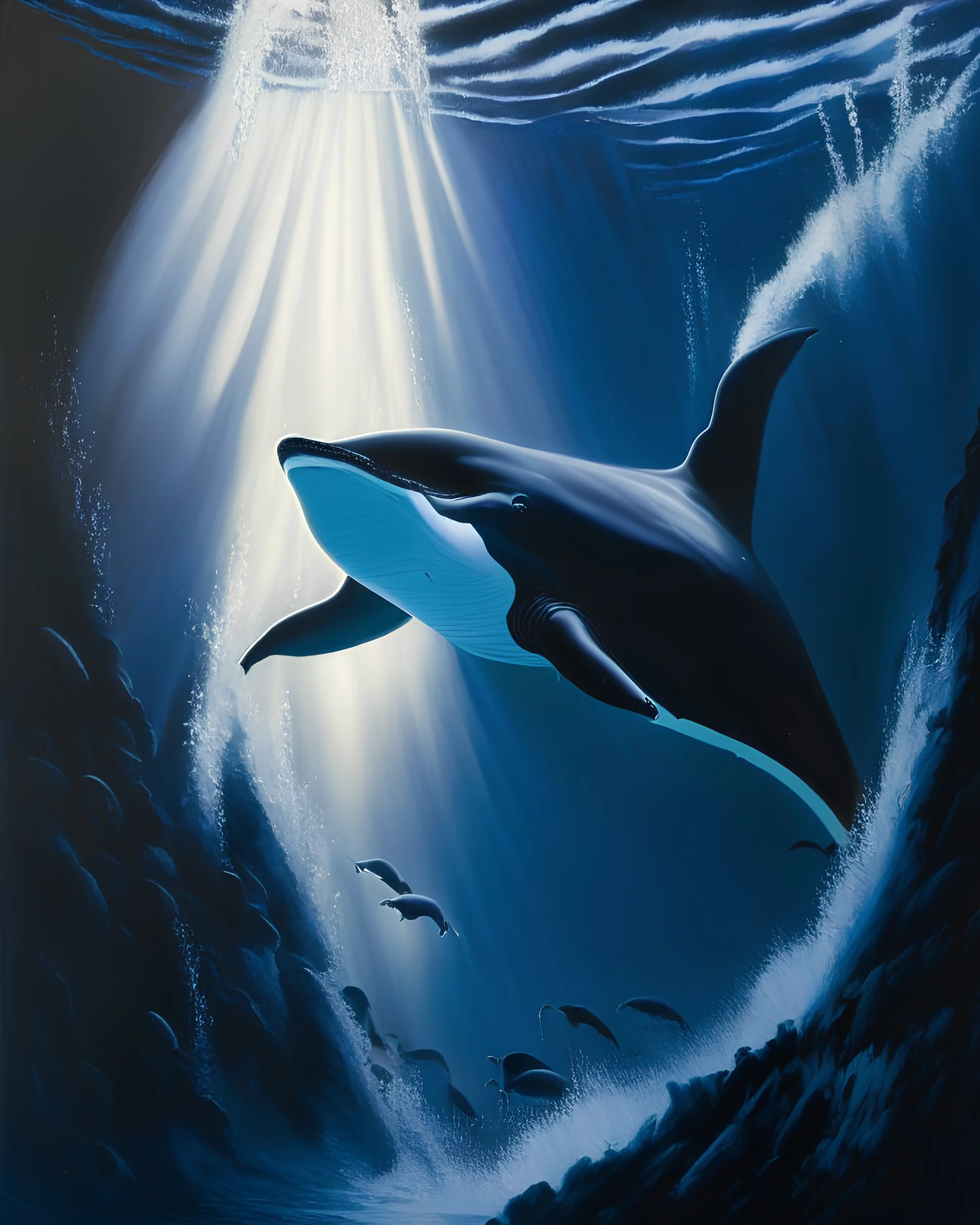 A dramatic, chiaroscuro-style oil painting of a powerful orca hunting its prey in the depths of the ocean, with stark contrasts between light and shadow to emphasize the intensity and raw beauty of the scene