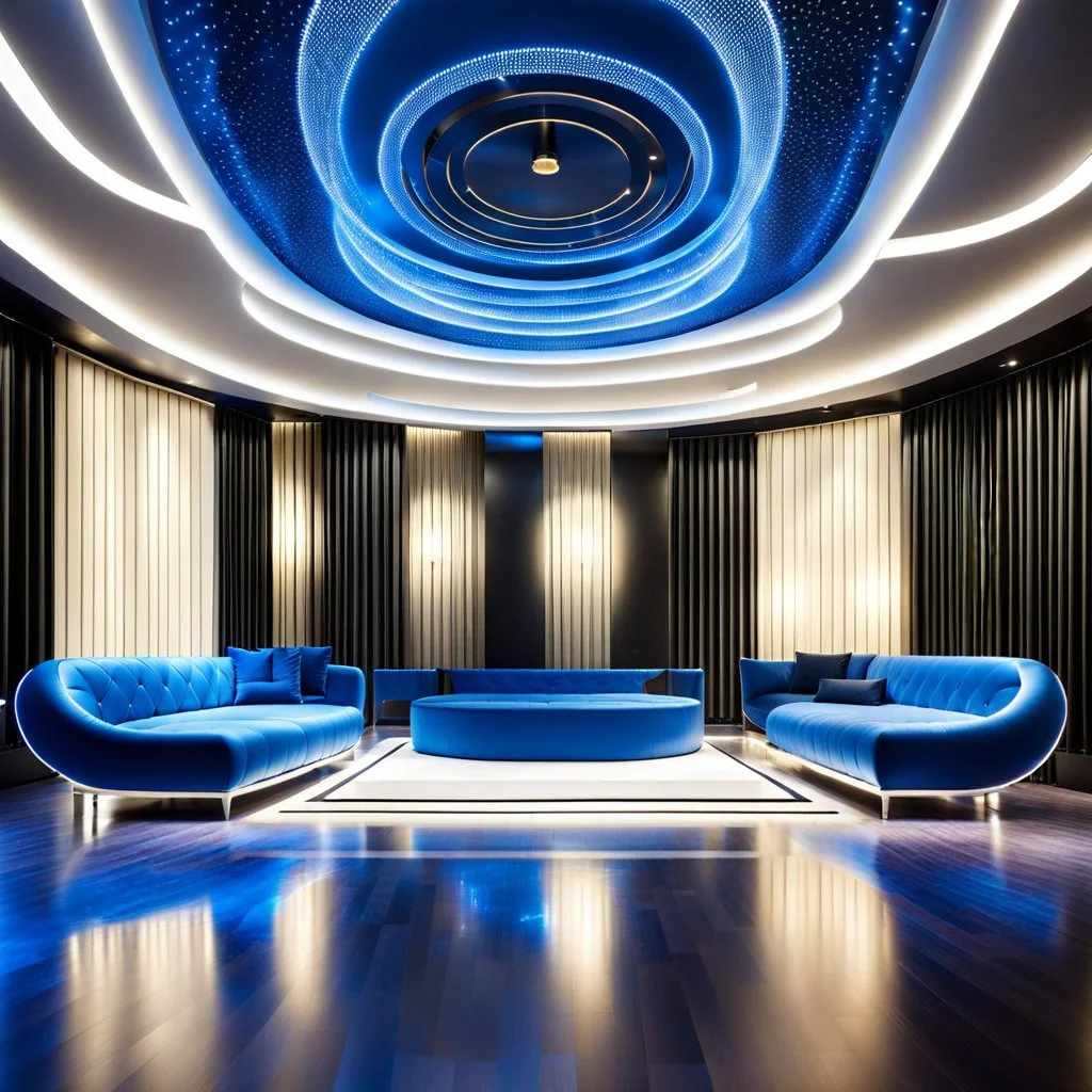 beautiful dance stage in luxury modern hall dynamic lights, modern furniture blue theme