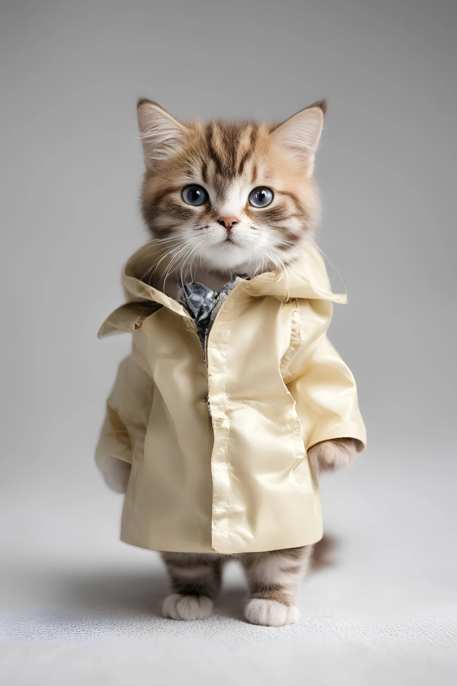 baby cat in raincoat. Chibi, Photograph, Canon DSLR, Tilt - shift, white background, high definition, Complete and coordinated composition, 8k