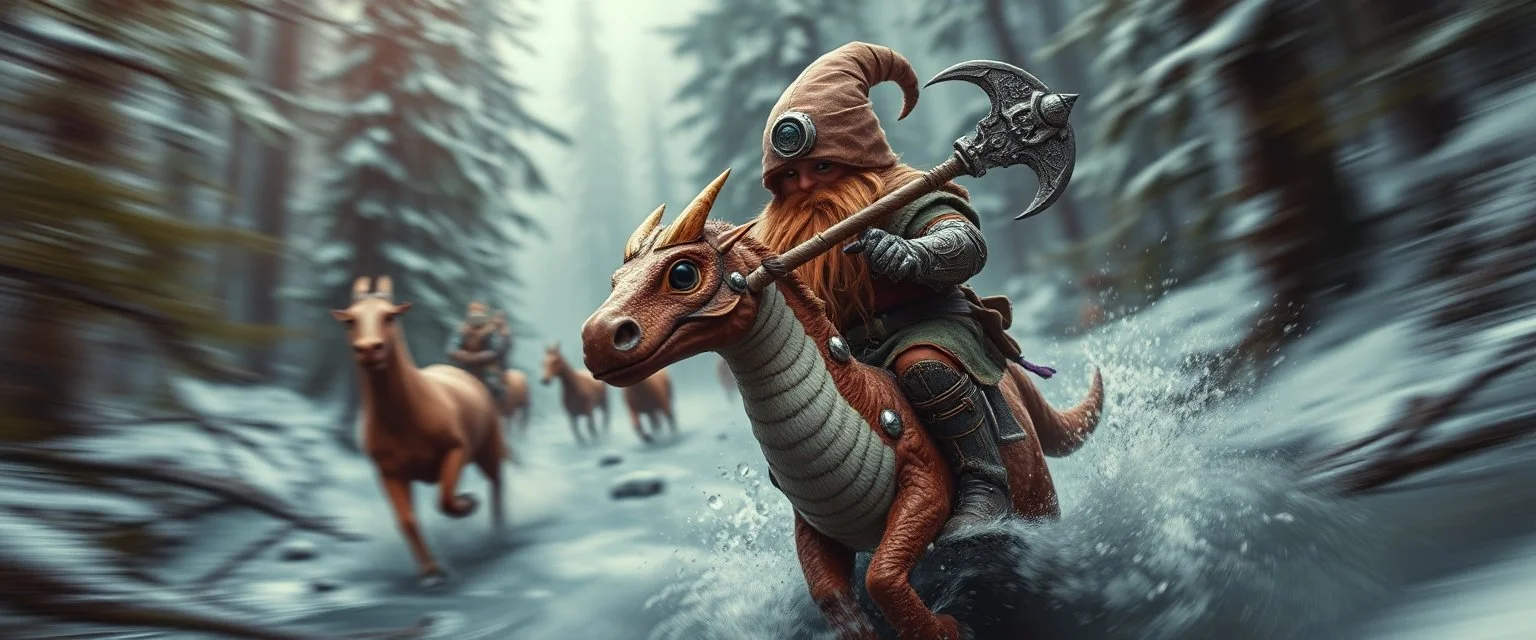 oil painting ,close up motion blur portrait of dwarf thief - Forgotten Realms dodging cyberpunk armored dwarf with war half moon spear hammer with spikes, riding tiny furry brown and purple hot dog dragon above water and along winding branches in lush icy forest along speeding horses , bokeh like f/0.8, tilt-shift lens 8k, high detail, smooth render, down-light, unreal engine, prize winning