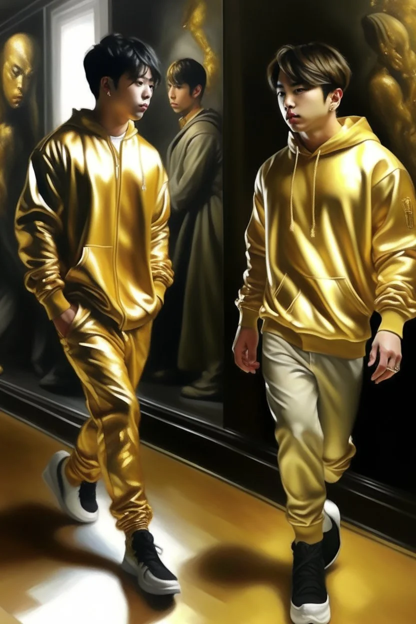 Oil painting Jungkook walks and his steps turn into goldPhotorealistic