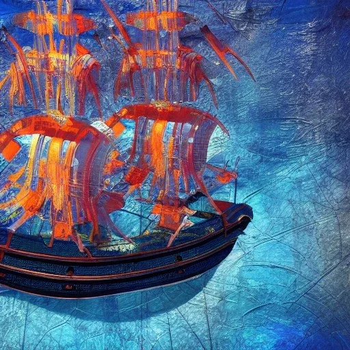 Beautiful pirate ship in the ocean in the style of Abstract Expressionism, complex, incomprehensible, 3D, voluminous, symmetrical, artistic, 4K, 8K