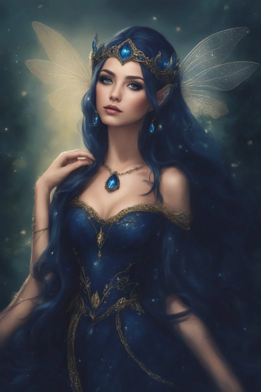 Midnight blue,Dark blue hair,night,dark fairy princess ,elven crown,elven ears,sparkle,glitter,gold armor,dragonflies,rapunzel hair,water lilies