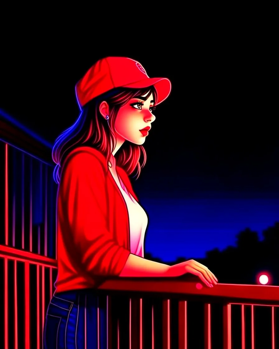 woman with a red baseball hat. leaning on a wooden balcony. night time. fantasy. anime.