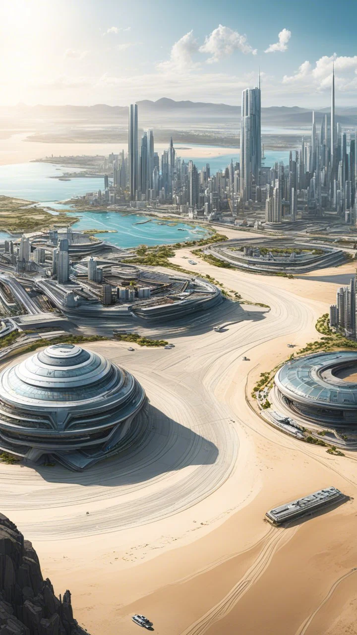 A long, sweeping Sandy Bay With a sci-fi city with clean roads and buildings Along The Shoreline during the day