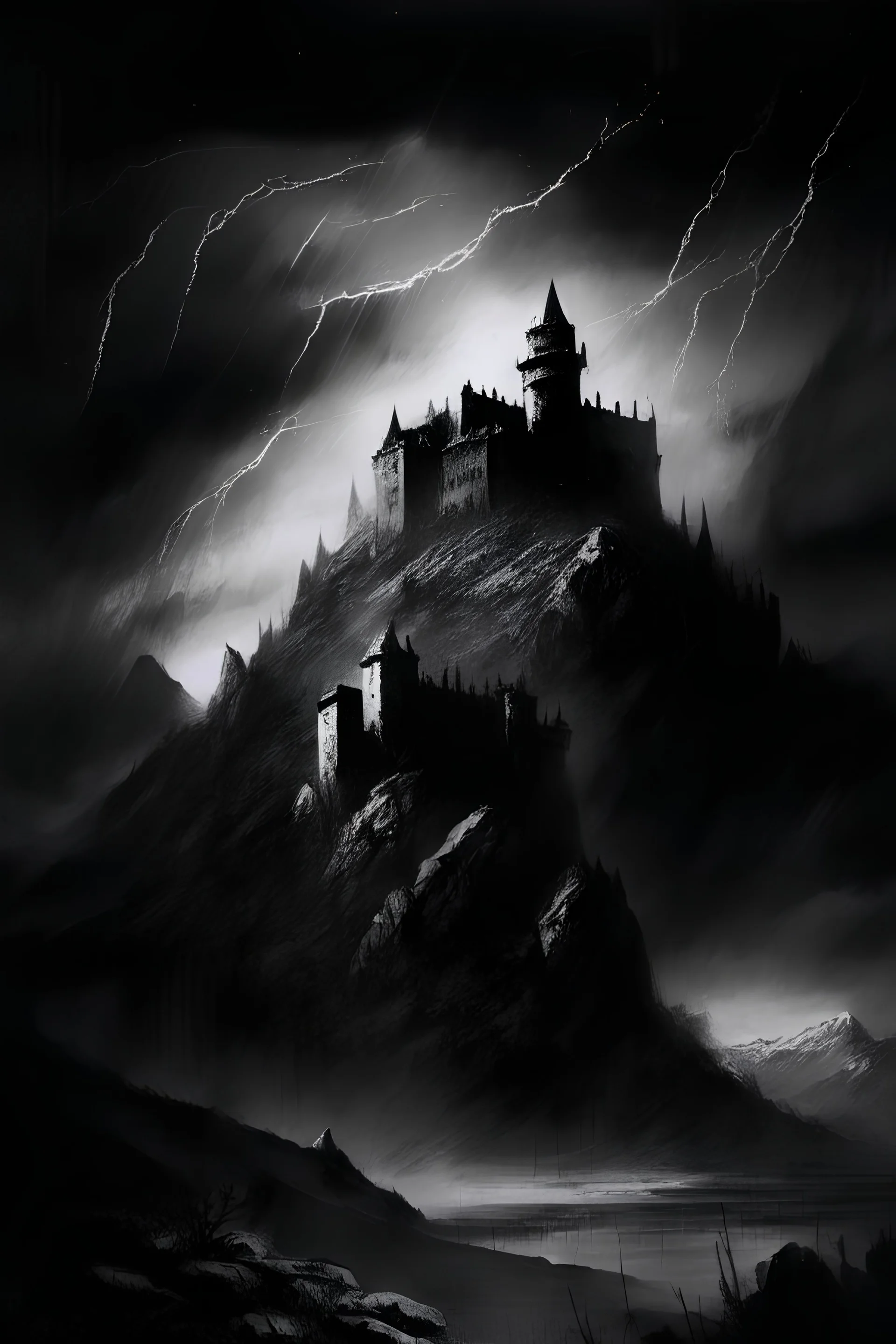 Dark and gritty drawing of a fortress in mountains, dark skies, towers