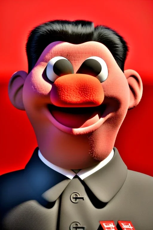 Waist up muppet Portrait, Kim Jong-un muppet doll, black suit, photo studio, red background, unreal engine 5, concept art, art station, god lights, ray tracing, RTX, lumen lighting, ultra detail, volumetric lighting, 3d.