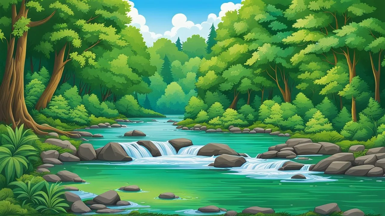 A peaceful scene of a river flowing through a lush, green forest. The water is calm, and the surrounding trees and bushes create a picturesque, natural environmen.