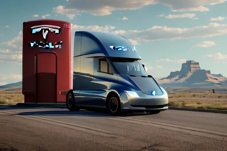 A Tesla 'Semi' (semi truck) is parked, near the 'Devils Tower' in Wyoming. (CINEMATIC, WIDE ANGLE LENS, PHOTO REAL)