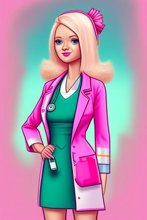 Een dom blondje die haar dokterdiploma heeft gekregen dankzij CHATGPT. Straalt domheid uit. Haar graduation outfit is volledig roze. Karikaturaal, carnavalesk, er zijn dokterattributen, denk legally blind en greys anantomy Dokter moet duidelijk zijn