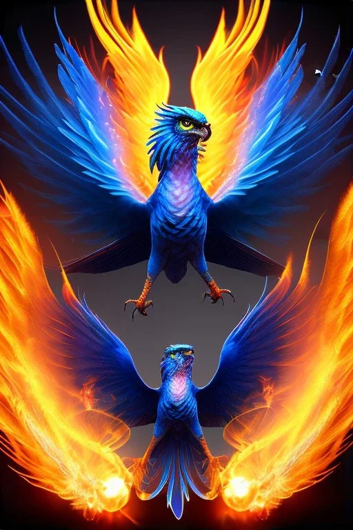 lonely, blue phoenix, flaming wings, beautiful, smooth, flying, graceful