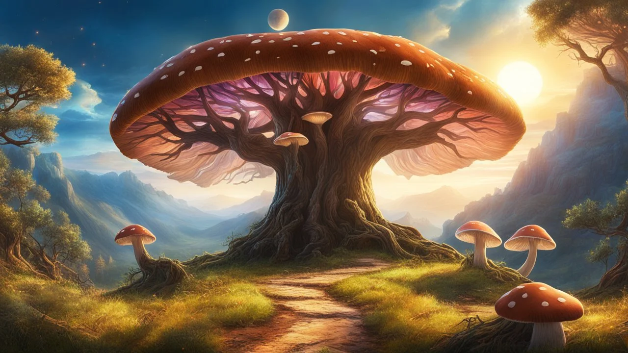 A dreamy landscape with mushrooms and a old, huge tree in the center. Fantasy roads of light going towards the tree. The sun is going down behind the tree. Mountains in the background. Digital Art, Masterpiece. Fantasy. Dream. Dreamy. Surreal.