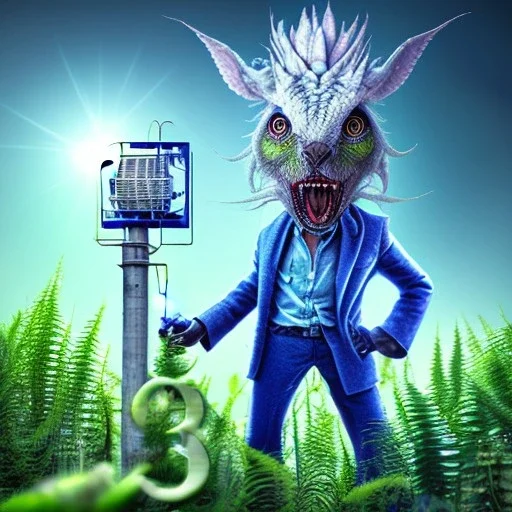 mad scientist with blue eyes standing by cell tower overgrown with plants, spray paint art 3d