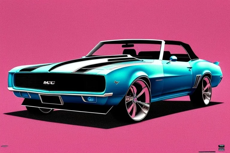 pen and color marker, true-to-life 1969 chevrolet camaro convertible pro street, two-tone paintjob, centered, intricate, extreme detailed, photorealism, center view, stylized random background, pivot on camaro, painting by cheryl kelley