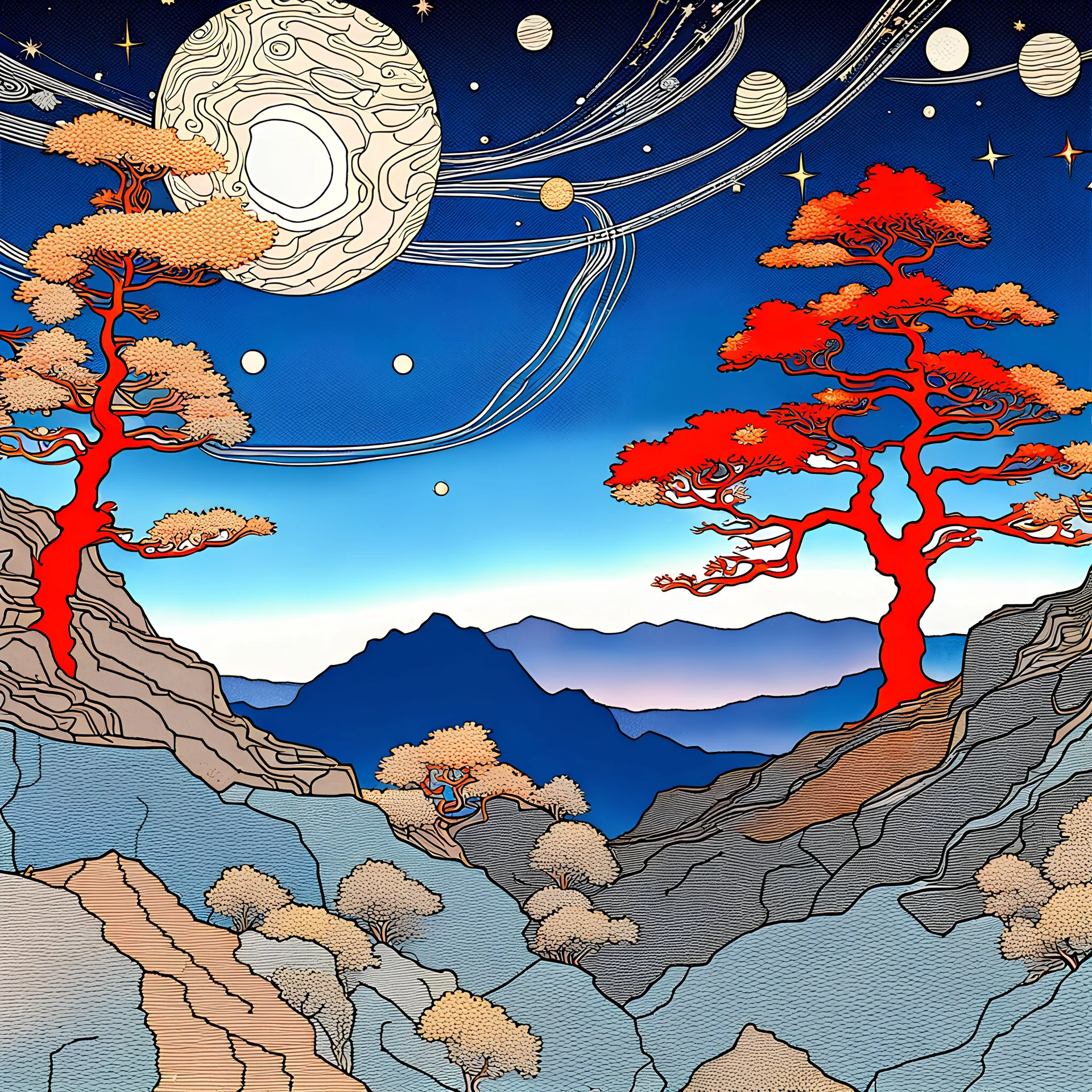 Colourful, peaceful, Amano, Egon Schiele, night sky filled with galaxies and stars, rock formations, trees, flowers, one-line drawing, sharp focus, 8k, 3d, ornate