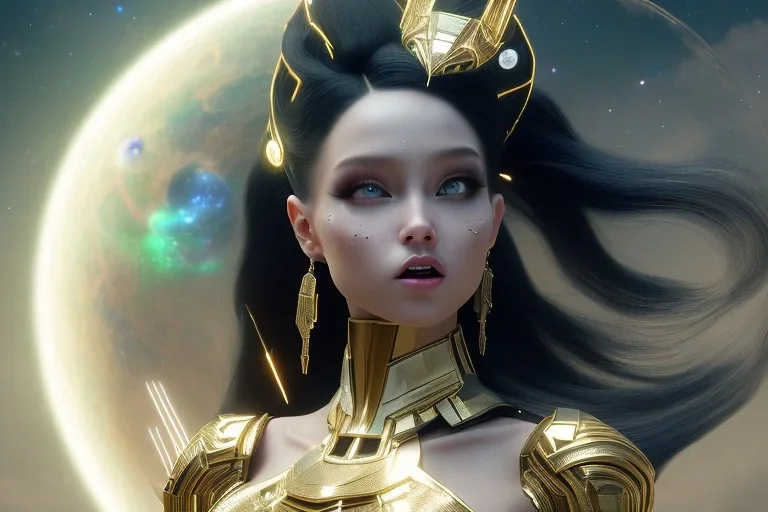  beautiful cosmic woman, long black hair, nice smiling, magic glamour make up, delicate colors, beautiful glamour galactique dress, ultra sharp focus, 8k, unreal engine 5, extremely sharp detail, light effect, soft light atmosphere of a spaceship, smooth, full of details, face in front, complete vision of face and hair and body