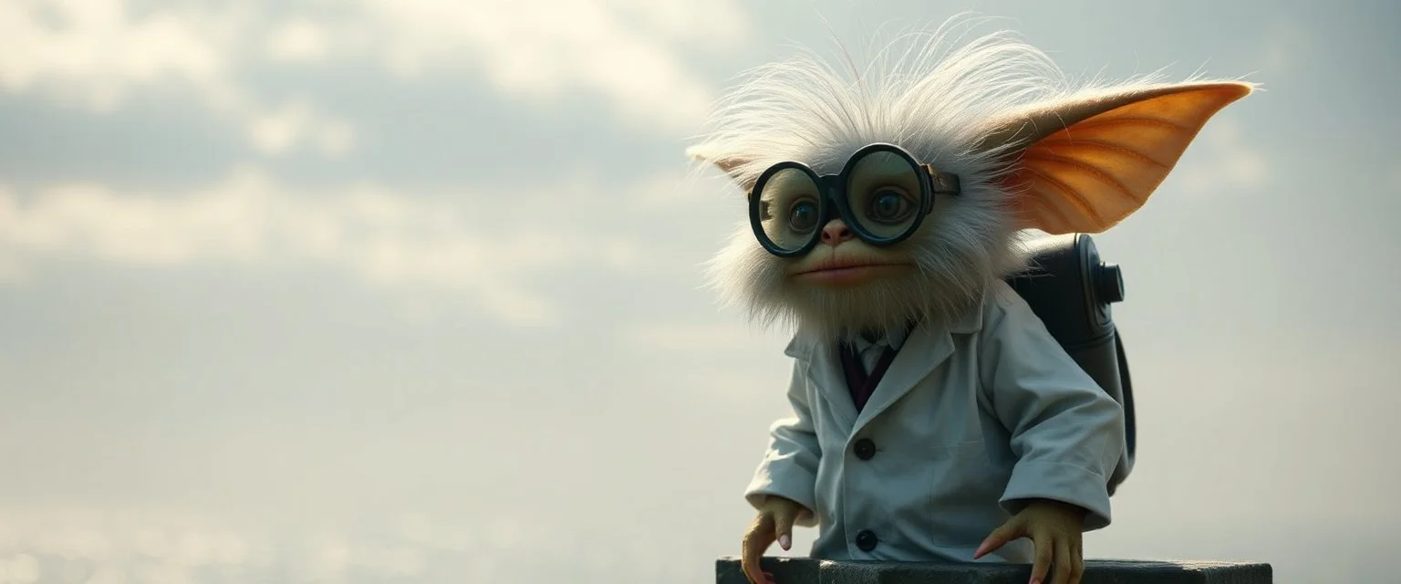 crazy fluffy gremlin scientist in lab coat standing in diving tower