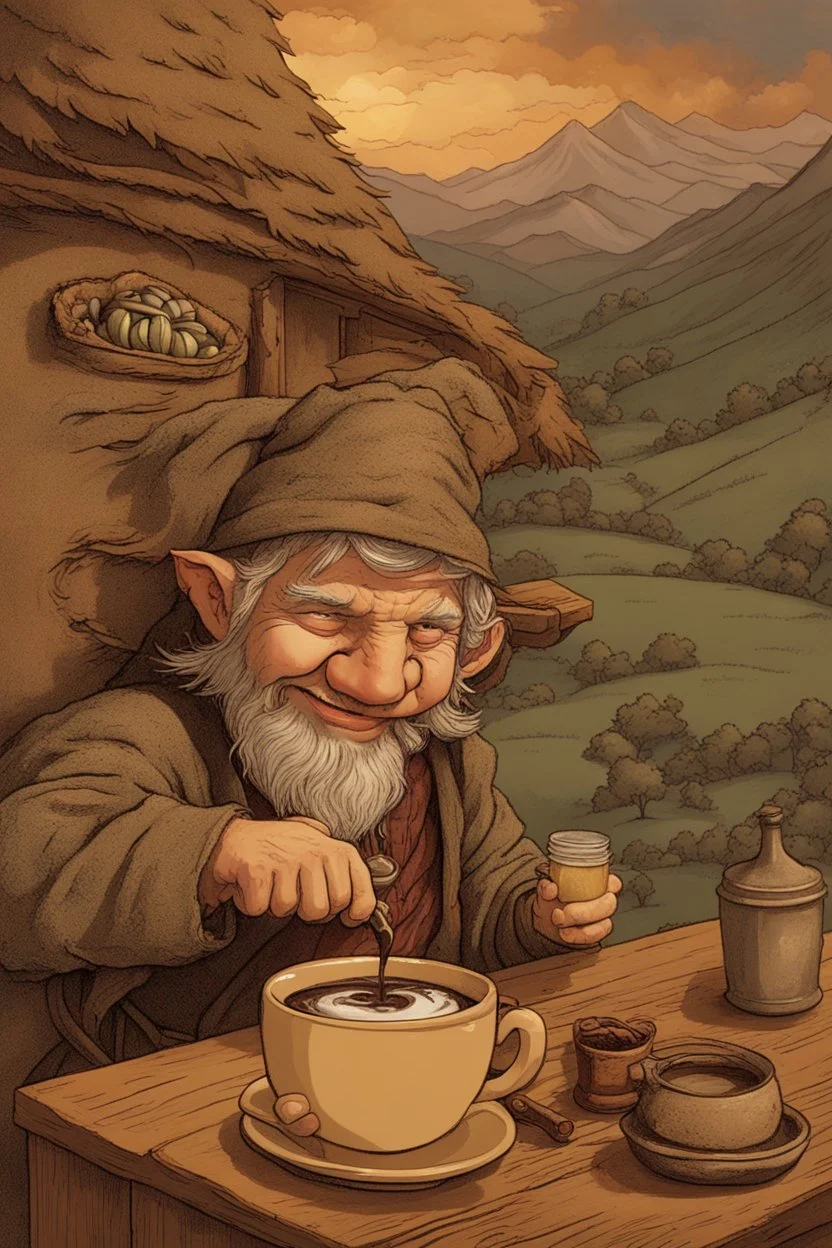 [coffee] In the Inn, the smiling hobbit worked behind the bar. Though small in stature, none was more joyful in service. His eyes, bright as sunrise and always upturned in mirth, inspected beans from distant lands. From the machine poured drinks like liquid gold. Each shot drew from him a chuckling sniff, scents of exotic hills filling his head. With care he textured cream, lips still smiling as lofty peaks crowned. Patrons gathered round pots steaming, laughter echoing as in a hobbit-h