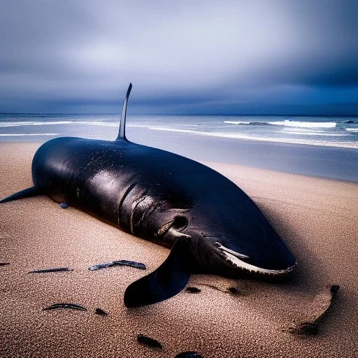 photograph of beautiful sperm whale washed up on shore, face view, lifeless, debris, foamy wave, sand, rock, 8k resolution, high-quality, fine-detail, detailed matte, photography, illustration, digital art, Jeanloup Sieff, Moe Zoyari, Marc Adamus, Ann Prochilo, Romain Veillon