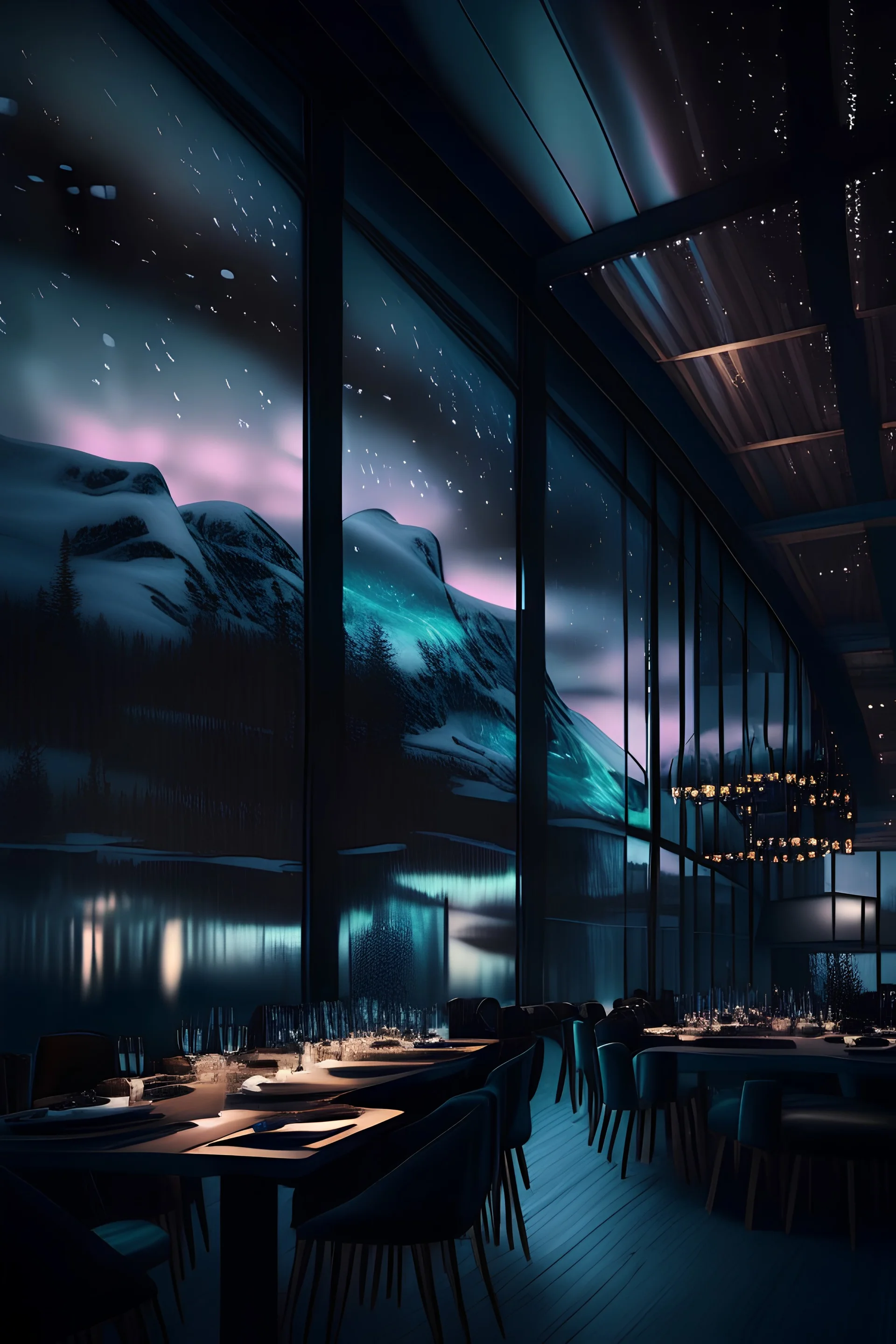 10k hyper realistic detailed luxury Modern Alaskan restaurant surrounded with glass paneling, wide shot, dinning, busy, dark, Northern lights, night