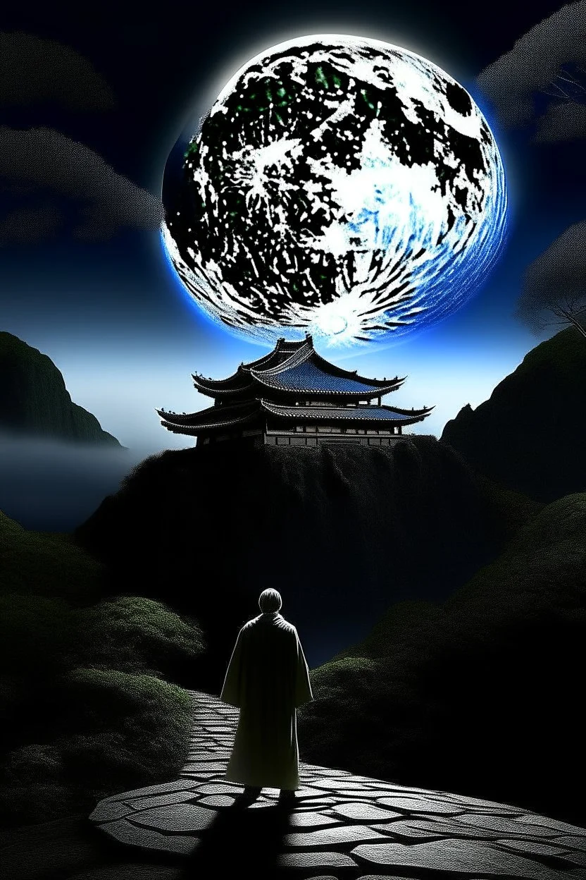 THE MOON HIDDEN SHADOWY FIGURESat the temple on the mountain meeting big brother STYLE OF HIROKU OGAI