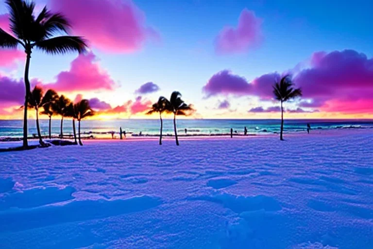 Honolulu Hawaii hotels covered in winter snow and ice at sunrise, winter wonderland