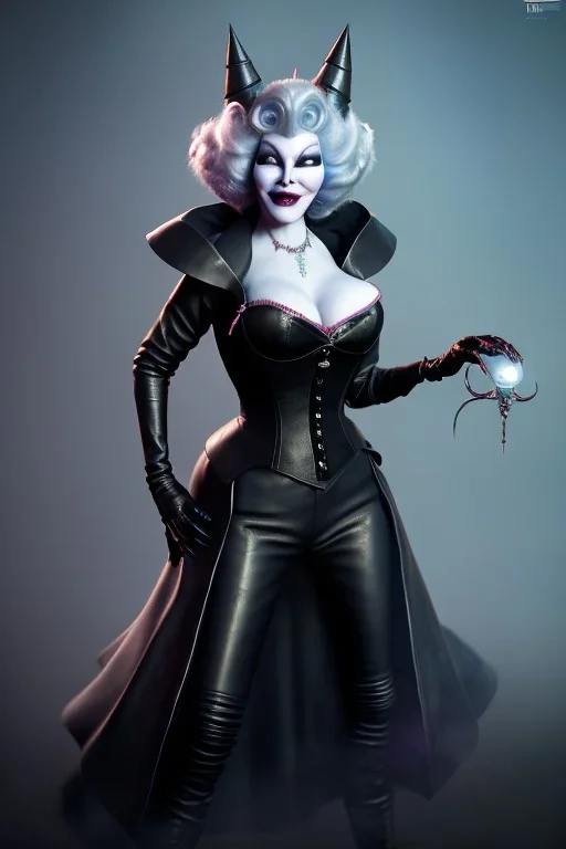 Mae West as evil queen in black leather, leather, busty, cleavage, angry, stern look. character design by cory loftis, fenghua zhong, ryohei hase, ismail inceoglu and ruan jia. unreal engine 5, artistic lighting, highly detailed, photorealistic, fantasy