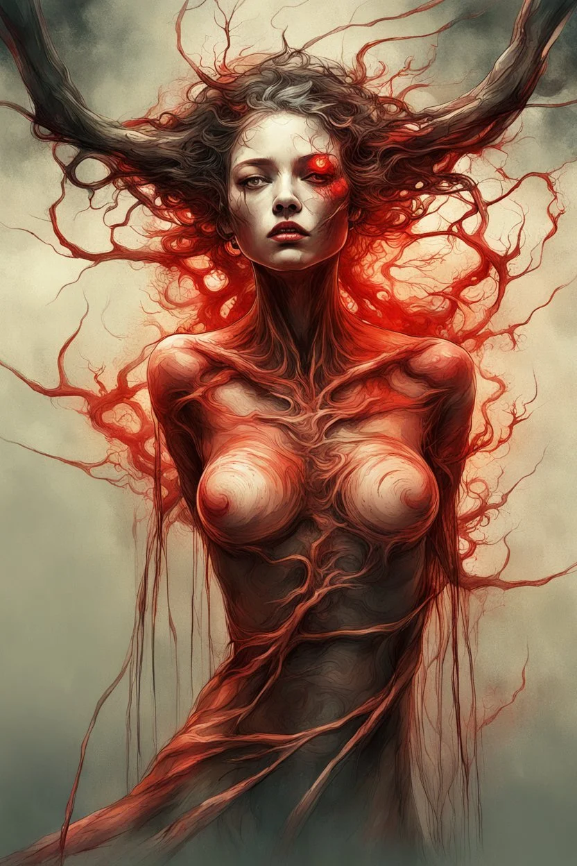 A dramatic digital painting portraying a figure under the Red Moon, veins pulsing, claws of temptation visible, soul in turmoil. In the style of Giger and Salvador Dali and Van Gogh, vivid colors, swirling brushstrokes, highly detailed, 8k resolution, surrealistic., by Ryohei Hase, Agnes Cecile, Raymond Swanland, Anne Bachelie