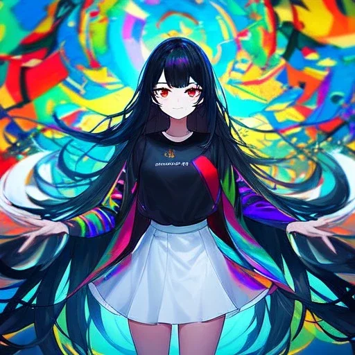 Clear focus, high resolution, black long fluffy hair, red eyes, wearing a colorful outfit with a white short skirt, doing a evil smile, Style Vtuber, Colorful