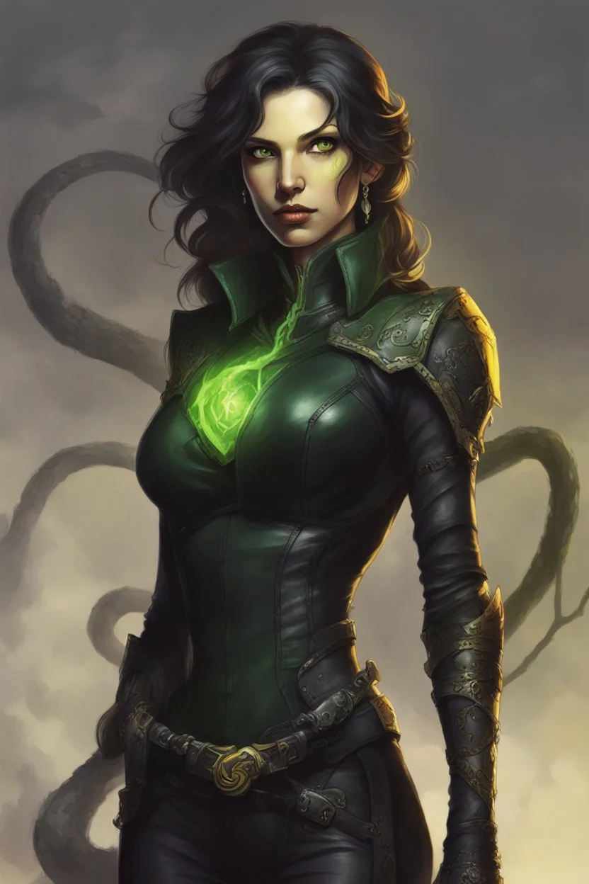 a female humanoid snake, dungeons and dragons, wearing a black leather armor, green scales, yellow eyes