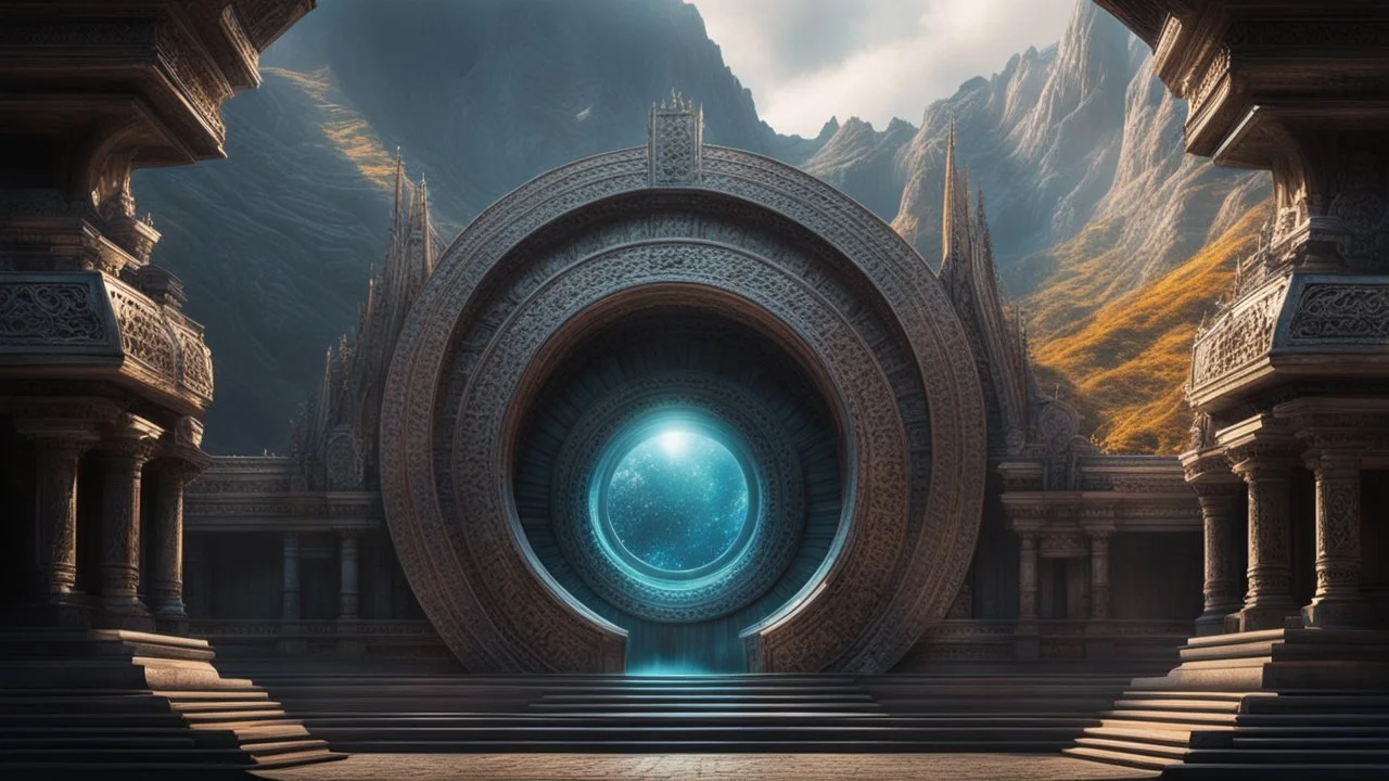 an ancient magical open portal leading to another world. mountains. h. r. giger. cinematic lighting, hyper realisme, Hyperrealistic, splash art, concept art, mid shot, intricately detailed, color depth, dramatic, 2/3 face angle, side light, colorful background