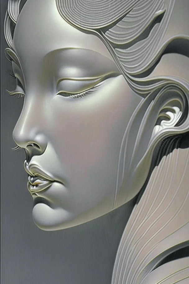 woman face, half view, greyish colors, by artist "gilded melted bubblewarp";by artist "erte";by artist "michelangelo da vinci";by artist "lalique";by artist "hector guimard" ;character design by artist "emshwiller sol";by artist "fan ho"