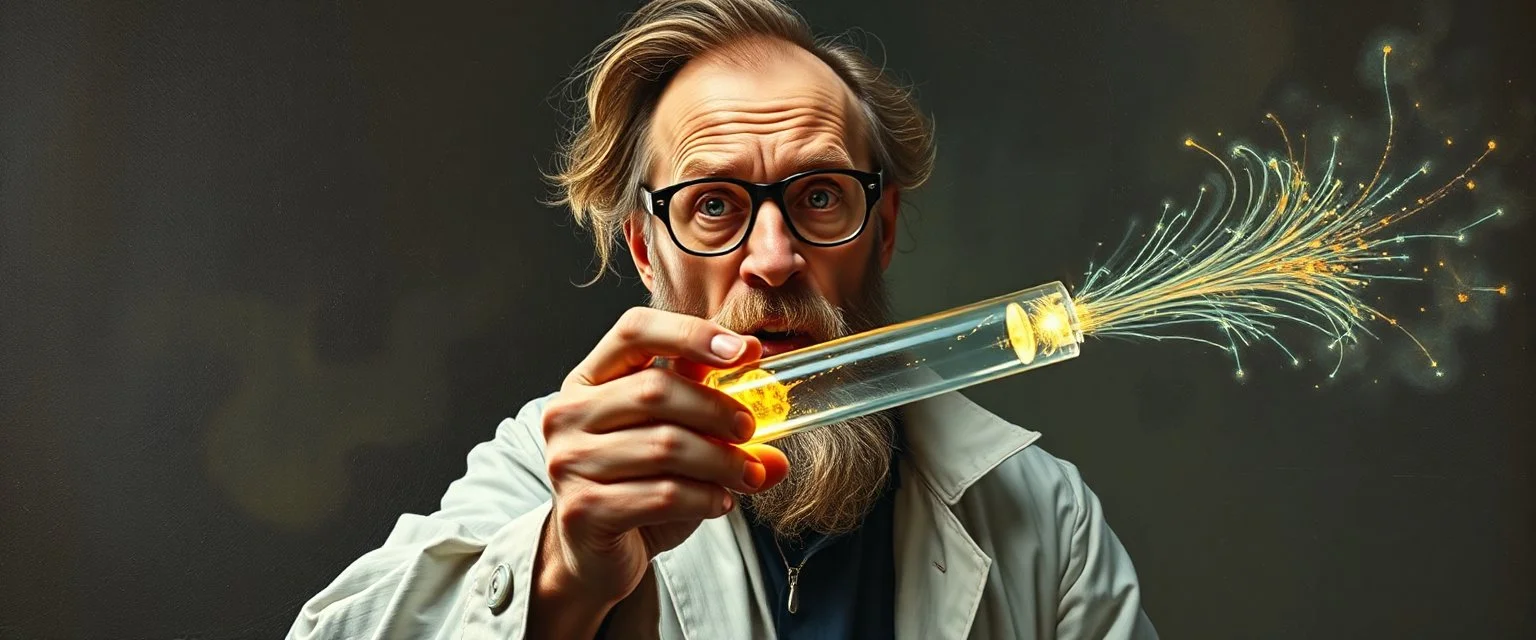 pin hole cam, master oil painting by Rembrandt, realistic rendering of crazy scientist holding a holy super power tube vial