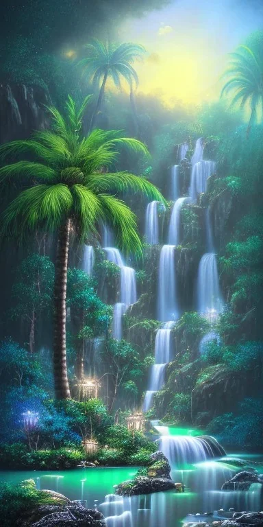 turquoise neon waterfall with palm trees sparkling at night in a cave detailed realistic glowing