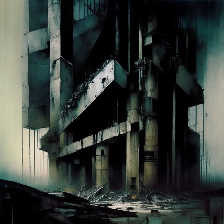 Dark Contemporary abstract painting of Lebbeus Woods brutalist architecture in a wasteland techno decaying landscape. Hazy foggy night sky. Concrete ground. Exposed twisted concrete and pipes. Style Justin Mortimer and JMW Turner. Close up zoomed in.