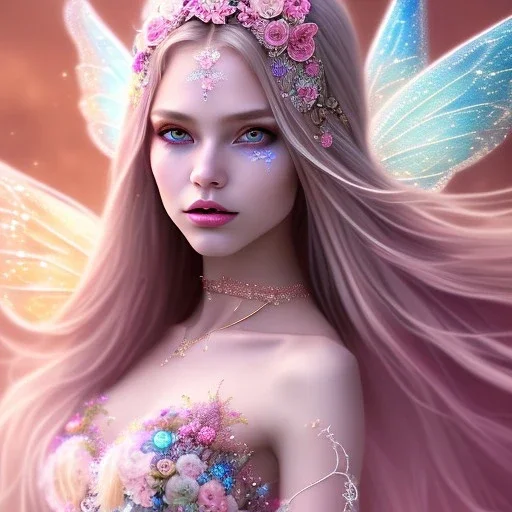 beautiful, soft, big smile face, whole head, long straight blonde hair blues eyes, crown on the head, clothing in transparent bluish and pink veil,fairy wings on the back, background brillante bluish and pink, hight definition, 8K